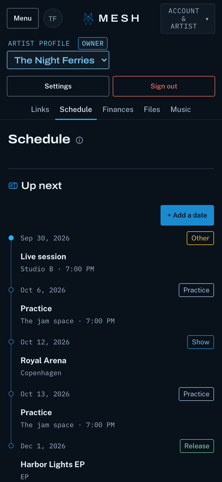 The Schedule page in MESH: Up next, showing shows, practices and a release, each date with who can make it.