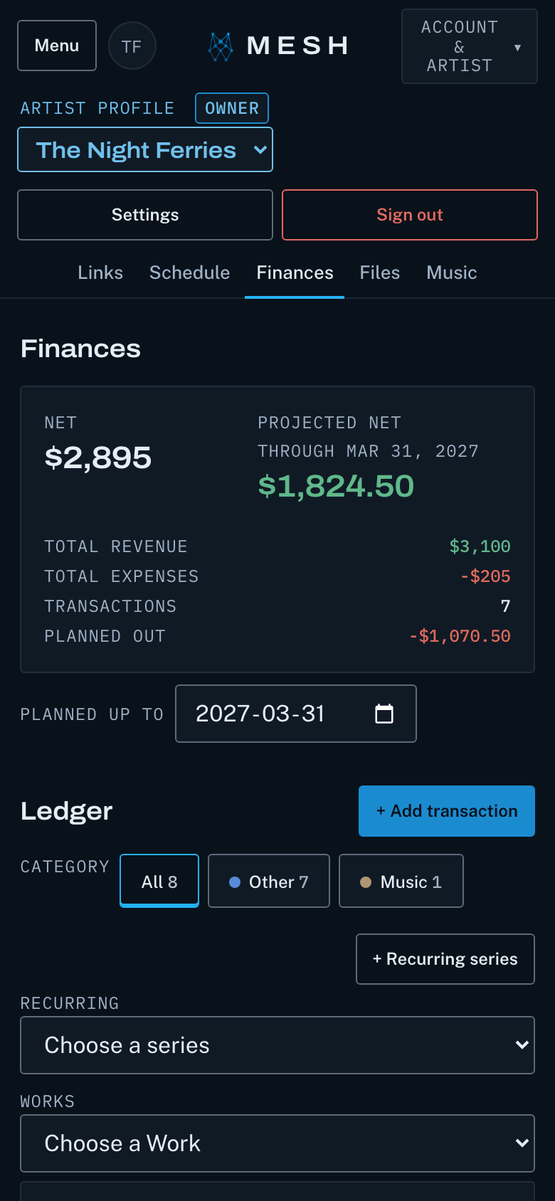 The Finances page in MESH: a ledger of money in and out, by category.