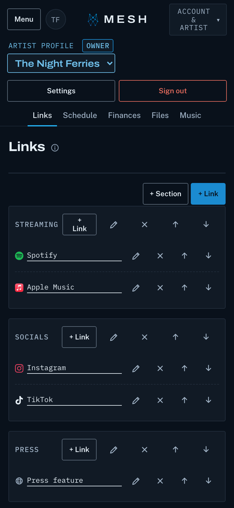 The Links page in MESH: a band's streaming, social and merch links in named sections.